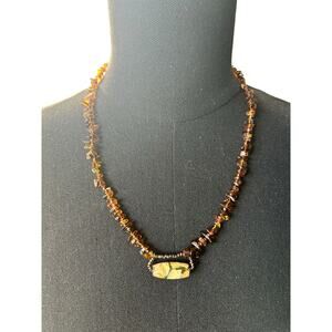 Vintage Amber Chip Necklace with Artisan Focal Gem Bead 21” Chain- Boho